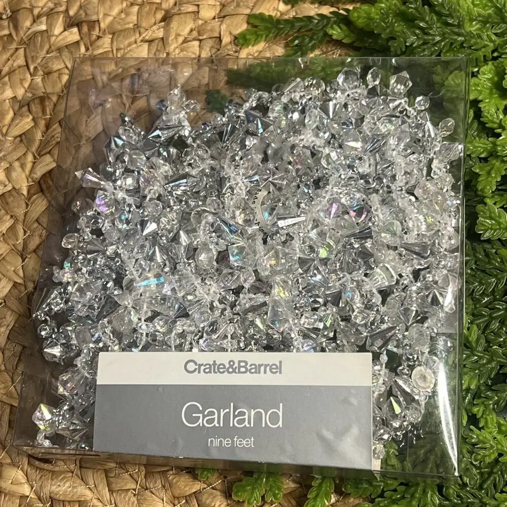 Crate & Barrel 9' Iridescent Silver Crystal Facet Bead Christmas Garland Beaded